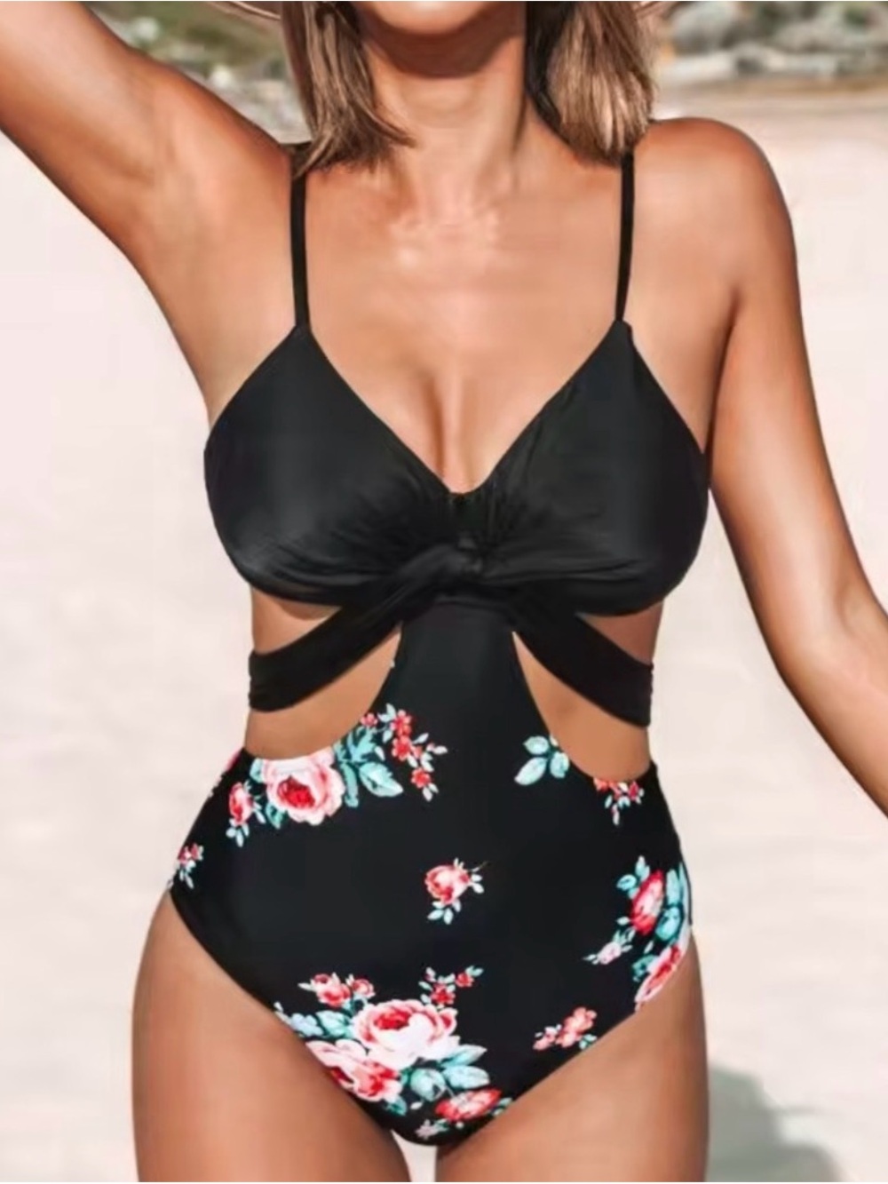 Cupshe Black Floral Cutout One-Piece Swimsuit